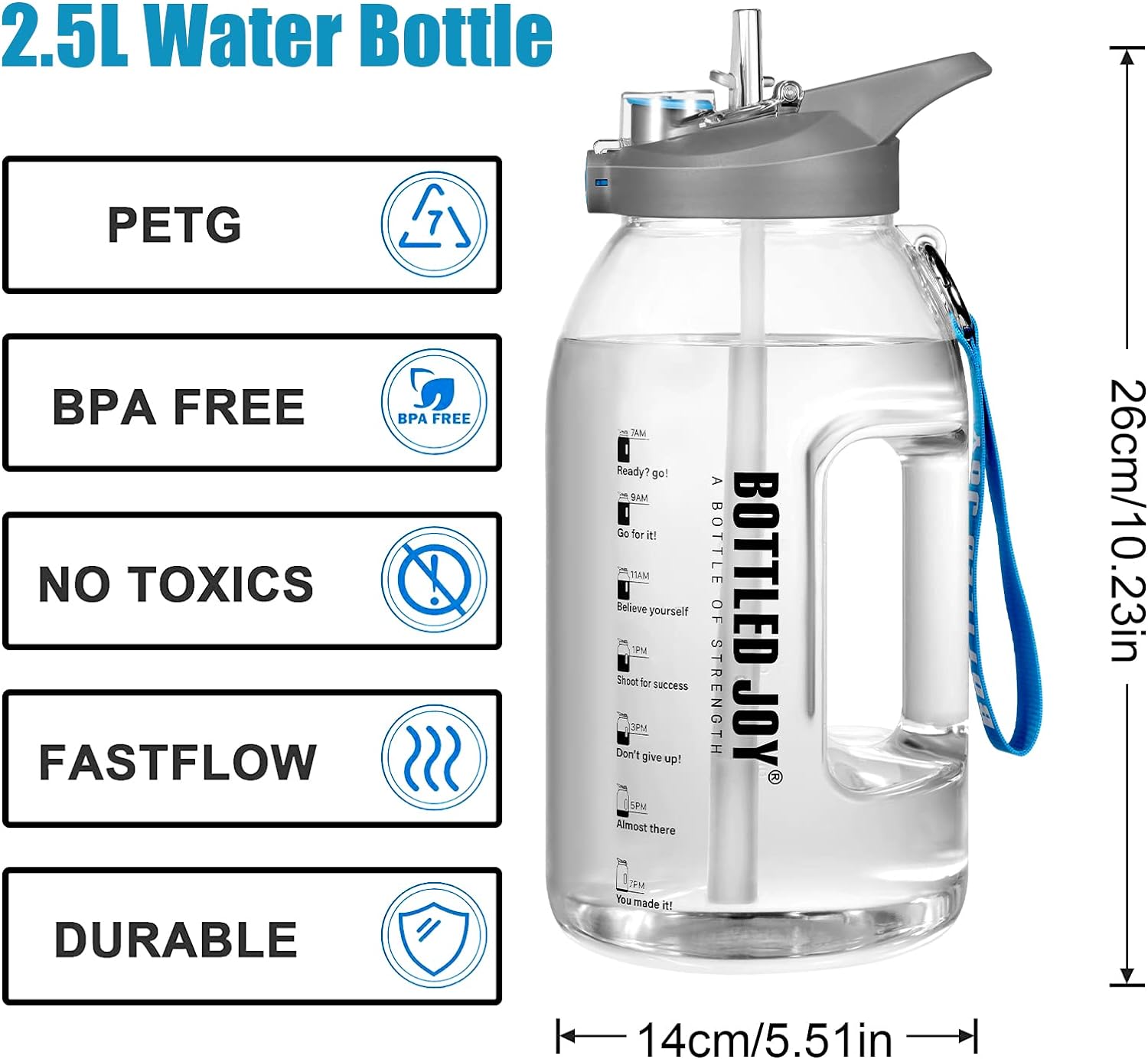 Water Bottle with Time Markings, BOTTLED JOY 2.5L Reusable Wide Mouth Bottle BPA Free, Runners Hand Grip Leak Proof Bottle, Two Drinking Methods for Jogging, Hiking, Gym