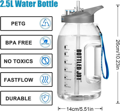 Water Bottle with Time Markings, BOTTLED JOY 2.5L Reusable Wide Mouth Bottle BPA Free, Runners Hand Grip Leak Proof Bottle, Two Drinking Methods for Jogging, Hiking, Gym